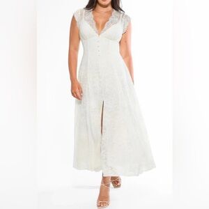 Popilush White Lace Maxi Dress with V-Neck Cap Sleeves w/shapewear size MED NWOT